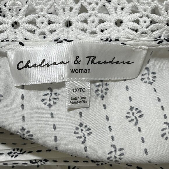 Chelsea & Theadore Lace Trim Blouse Size 1X Black White V-Neck - Picture 5 of 8